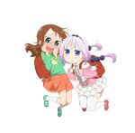  2girls :o backpack bag beads blue_eyes blush brown_hair capelet child flower forehead frilled_skirt frills gradient_hair green_footwear green_shirt hair_beads hair_flower hair_ornament hand_on_own_cheek hand_on_own_face hands_up highres holding_strap kanna_kamui key_visual kobayashi-san_chi_no_maidragon long_hair long_sleeves looking_at_viewer mary_janes multicolored_hair multiple_girls no_nose official_art open_mouth orange_skirt pink_hair print_shirt promotional_art puffy_sleeves purple_hair randoseru red_footwear saikawa_riko shirt shoes skirt slit_pupils socks thigh-highs transparent_background wavy_mouth white_footwear white_legwear 