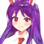  1girl animal_ears bangs blush closed_mouth collar eyebrows_visible_through_hair highres long_hair looking_at_viewer mujiga necktie purple_hair rabbit_ears red_eyes red_neckwear reisen_udongein_inaba shirt short_sleeves simple_background smile solo touhou upper_body white_background white_collar white_shirt white_sleeves 