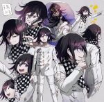  1boy :d aoki_(fumomo) arm_at_side arm_up bangs black_cape black_hair black_headwear buttons cape checkered checkered_background checkered_neckwear checkered_scarf commentary_request dangan_ronpa_(series) dangan_ronpa_v3:_killing_harmony double-breasted evil_grin evil_smile feet_out_of_frame grey_background grin hair_between_eyes holding holding_sack jacket long_sleeves looking_at_viewer male_focus multiple_views notice_lines open_mouth ouma_kokichi pale_skin pants pointing purple_hair sack scarf shaded_face short_hair simple_background smile straitjacket translation_request upper_teeth violet_eyes white_pants 