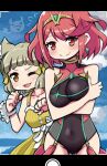 2girls animal_ears bangs black_swimsuit blunt_bangs breasts cat_ears chest_jewel competition_swimsuit dress_swimsuit highres large_breasts ma2acworks multiple_girls nia_(fancy_sundress)_(xenoblade) nia_(xenoblade) one-piece_swimsuit pyra_(pro_swimmer)_(xenoblade) pyra_(xenoblade) red_eyes red_swimsuit redhead short_hair silver_hair swept_bangs swimsuit two-tone_swimsuit xenoblade_chronicles_(series) xenoblade_chronicles_2 yellow_eyes yellow_swimsuit 