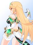  1girl bangs bare_legs bare_shoulders blonde_hair breasts chest_jewel commentary_request dress earrings elbow_gloves gloves highres jewelry large_breasts long_hair mythra_(xenoblade) paskmel short_dress solo swept_bangs thigh_strap tiara very_long_hair white_dress white_gloves xenoblade_chronicles_(series) xenoblade_chronicles_2 yellow_eyes 
