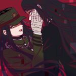  108_(toowa) 2boys bandaged_hands bandages bangs black_hair brown_eyes chain dangan_ronpa_(series) dangan_ronpa_v3:_killing_harmony dual_persona eye_contact green_headwear green_jacket hand_on_another&#039;s_cheek hand_on_another&#039;s_face hat jacket lips long_hair long_sleeves looking_at_another makeup multiple_boys official_alternate_costume parted_lips red_background red_lips shinguuji_korekiyo teeth upper_body watermark 