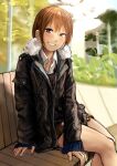  1girl absurdres bench black_jacket blush brown_eyes brown_hair brown_neckwear collared_shirt commentary_request grin highres jacket kirie_kairi long_sleeves looking_at_viewer necktie open_clothes open_jacket original shirt short_hair sitting smile solo wing_collar 
