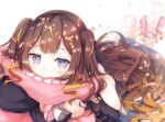  1girl anya_melfissa barefoot brown_hair highres hololive hololive_indonesia long_hair lying nidaime_(doronbo) on_stomach petals pillow pillow_hug very_long_hair violet_eyes virtual_youtuber wavy_hair white_background 