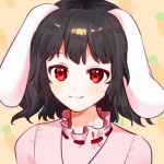  1girl animal_ears bangs black_hair blush closed_mouth dress eyebrows_visible_through_hair highres inaba_tewi looking_at_viewer mujiga orange_background pink_dress pink_sleeves rabbit_ears red_eyes short_hair short_sleeves simple_background smile solo touhou upper_body 