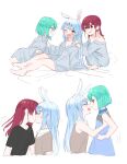  animal_ear_fluff animal_ears bangs blue_hair blush braid double_bun green_hair highres hololive houshou_marine kirome_toru_2 kiss long_hair multicolored_hair rabbit_ears red_eyes redhead robe symbol_commentary twin_braids twintails uruha_rushia usada_pekora virtual_youtuber yuri 