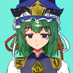  1girl aqua_background bangs blue_dress blue_eyes blue_headwear closed_mouth dress eyebrows_visible_through_hair green_hair hair_between_eyes hat hat_ribbon highres looking_at_viewer mujiga red_ribbon ribbon shiki_eiki short_hair short_sleeves simple_background sketch solo teeth touhou upper_body white_ribbon white_sleeves 