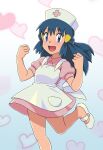  1girl :d absurdres apron bangs blue_eyes blue_hair clenched_hands collared_dress commentary_request cosplay hikari_(pokemon) dress eyebrows_visible_through_hair eyelashes hair_ornament hairclip hands_up hat heart highres joy_(pokemon) joy_(pokemon)_(cosplay) leg_up long_hair looking_at_viewer miraa_(chikurin) nurse nurse_cap open_mouth pink_dress pokemon pokemon_(anime) pokemon_dppt_(anime) shoes short_sleeves smile solo tongue white_apron white_footwear 