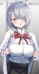  1girl absurdres breasts cardigan hair_over_one_eye hanasaka_houcha highres large_breasts licking_lips original short_hair silver_hair skirt solo striped striped_neckwear sweat tiara tongue tongue_out yellow_eyes 
