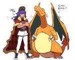  1boy :d argyle arrow_(symbol) bangs baseball_cap cape champion_uniform charizard claws commentary_request crossed_arms dark-skinned_male dark_skin dynamax_band facial_hair fire flame fur-trimmed_cape fur_trim gen_1_pokemon hat height highres leggings leon_(pokemon) long_hair male_focus morio_(poke_orio) number open_mouth pokemon pokemon_(creature) pokemon_(game) pokemon_swsh purple_hair red_cape shield_print shirt shoes short_shorts short_sleeves shorts simple_background smile standing sword_print tongue upper_teeth white_background white_legwear white_shorts yellow_eyes 