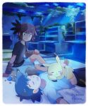  2boys arm_support ash_ketchum bangs barefoot berry_(pokemon) black_hair black_shirt brown_hair closed_eyes closed_mouth clouds facepaint gen_1_pokemon gen_8_pokemon highres koko_(pokemon) light_beam looking_at_another lying male_focus mei_(maysroom) multiple_boys night on_back open_mouth oran_berry pikachu pillow pokemon pokemon_(anime) pokemon_(creature) pokemon_m23 shirt short_hair short_sleeves shorts sitting skwovet sky sleeping smile t-shirt toes tongue twitter_username 