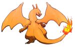  blurry charizard claws fangs fire flame from_behind full_body gen_1_pokemon looking_to_the_side morio_(poke_orio) no_humans open_mouth pokemon pokemon_(creature) simple_background solo standing white_background 