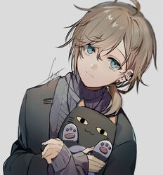  ahoge animal bangs black_cat black_jacket blue_eyes blurry brown_hair cat commentary earrings eyebrows_visible_through_hair grey_background grey_sweater highres holding holding_animal holding_cat huyuharu0214 jacket jewelry kanae_(nijisanji) looking_at_viewer mole mole_under_eye multiple_earrings nijisanji ponytail ribbed_sweater roto_(nijisanji) short_hair signature simple_background smile sweater swept_bangs symbol_commentary upper_body virtual_youtuber 