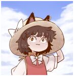  1girl :3 animal_ears blue_sky bow bowtie brown_hair cat_ears cat_girl chen clouds cloudy_sky commentary dress earrings eyebrows_visible_through_hair hat hat_bow jewelry looking_at_viewer nekomata outdoors poronegi red_dress short_hair short_sleeves single_earring sky solo sun_hat touhou white_bow 