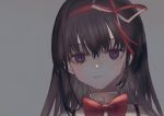  1girl akemi_homura black_hair bow bowtie commentary_request expressionless eyebrows_visible_through_hair grey_background hair_ribbon highres looking_at_viewer mahou_shoujo_madoka_magica mitakihara_school_uniform red_bow red_neckwear red_ribbon ribbon satou_akira_(artist) school_uniform simple_background solo tears violet_eyes 