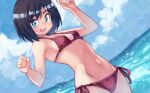  1girl :d bangs bikini black_hair bob_cut breasts bright_pupils clenched_hands clouds cowboy_shot dutch_angle green_eyes highres kouno_hikaru looking_at_viewer midriff navel ocean open_mouth original outdoors panties red_bikini short_hair side-tie_bikini side-tie_panties sky small_breasts smile solo spray swimsuit underwear w_arms wading water white_pupils 
