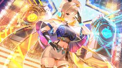 1girl ;3 absurdres alternate_costume arm_up asymmetrical_gloves azur_lane bangs beret black_gloves black_panties black_skirt blue_shirt blush breasts capelet closed_mouth cowboy_shot crop_top crowd elbow_gloves english_commentary eyebrows_visible_through_hair gloves glowstick grey_eyes grey_hair hair_between_eyes hand_on_hip hat headset highres janyhero large_breasts leg_tattoo looking_at_viewer midriff navel one_eye_closed panties pantyshot plaid plaid_shirt salute seattle_(azur_lane) shirt short_hair sidelocks single_elbow_glove skirt smile solo speaker stage stage_lights standing suspender_skirt suspenders tattoo thigh-highs two-tone_skirt underbust underwear white_capelet white_headwear white_legwear white_skirt zettai_ryouiki