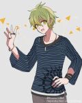  108_(toowa) 1boy :d amami_rantarou bangs bracelet collarbone commentary_request cowboy_shot dangan_ronpa_(series) dangan_ronpa_v3:_killing_harmony earrings green_eyes green_hair grey_background hair_between_eyes hand_on_hip hand_up jewelry looking_at_viewer male_focus necklace open_mouth pants ring shirt short_hair smile solo thumb_ring 