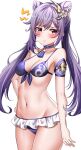  1girl absurdres bikini blue_bikini blue_choker blush breasts choker closed_mouth collarbone commentary eyebrows_visible_through_hair genshin_impact hair_cones hair_ornament hand_on_hip highres keqing_(genshin_impact) landel long_hair looking_at_viewer medium_breasts navel pink_eyes purple_hair simple_background solo swimsuit twintails white_background 