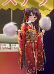  bad_hand black_hair blurry blurry_background brown_eyes cotton_candy dual_wielding florl_print flower food_stall hair_flower hair_ornament hair_ribbon holding japanese_clothes kasumi_(sennen_sensou_aigis) kimono long_hair looking_at_viewer outdoors red_kimono red_nails red_ribbon ribbon sennen_sensou_aigis standing tadayou_kemuri very_long_hair wide_sleeves yukata 