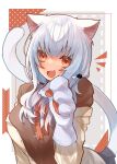  1girl absurdres animal_ears black_sweater breasts cat_ears cat_girl cat_tail coat collared_shirt eyebrows_visible_through_hair fang gloves hakase_fuyuki head_tilt highres karupisusawa kemonomimi_mode labcoat medium_breasts medium_hair nijisanji open_mouth paw_gloves paws red_neckwear shirt skin_fang smile solo sweater tail twintails virtual_youtuber white_coat white_shirt 