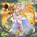  1girl angel_wings armpits artist_request bare_shoulders blonde_hair breasts clouds commentary_request day detached_sleeves double_bun dress feathered_wings flying full_body golden_wings gullinkambi gullinkambi_(valkyrie_connect) hair_between_eyes high_heels holding looking_at_viewer medium_breasts navel official_art outdoors red_eyes solo thigh_strap tree valkyrie_connect wings 