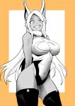  1girl absurdres arahiko arms_behind_back boku_no_hero_academia breasts contrapposto cowboy_shot dark-skinned_female dark_skin grin highres large_breasts leotard long_hair mirko rabbit_girl raised_eyebrow smile solo taut_leotard thigh-highs very_long_hair 