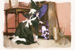  1girl alternate_costume bangs black_dress bucket desk_lamp dress feather_duster genderswap genderswap_(mtf) gundam gundam_00 high_heels holding holding_wand huangdanlan kneeling lamp long_hair long_sleeves magic maid mop purple_hair red_eyes solo table tieria_erde wand white_footwear 