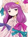  1girl blue_ribbon blush collar crescent crescent_hat_ornament crescent_pin dated_commentary eyebrows_visible_through_hair hair_ribbon hat hat_ornament hat_ribbon hayakumo_(okura_oishiiii) jitome long_hair looking_at_viewer mob_cap patchouli_knowledge pink_ribbon purple_hair purple_ribbon ribbon signature simple_background solo touhou upper_body violet_eyes watermark white_background 