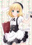  1girl apron bangs black_ribbon blonde_hair blush bracelet commentary gochuumon_wa_usagi_desu_ka? green_eyes holding holding_menu jewelry kirima_sharo looking_at_viewer maid maid_apron maid_headdress medium_hair menu neck_ribbon ribbon shirt short_sleeves sidelocks smile solo tiramisu651 white_shirt 