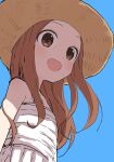  1girl :d brown_eyes brown_hair brown_headwear child dress hat highres karakai_jouzu_no_takagi-san long_hair looking_at_viewer open_mouth sleeveless sleeveless_dress smile solo sundress takagi-san white_dress yamamoto_souichirou 