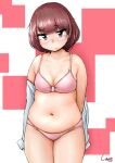  1girl abstract_background bangs blush bra breasts brown_hair character_request closed_mouth collarbone commentary_request copyright_request cowboy_shot dot_nose eyebrows_visible_through_hair highres looking_at_viewer medium_hair navel panties pink_bra pink_panties shigekikkusu shiny shiny_hair shirt signature solo thick_thighs thighs tsurime underwear violet_eyes white_shirt 