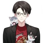  1boy animal black_hair black_jacket blazer brown_eyes cat copyright_request food glasses grey_cat highres jacket kaze_ichijo md5_mismatch okitafuji pet pizza print_shirt red_shirt shirt skinny solo virtual_youtuber white_background youtube 