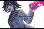  108_(toowa) 1boy :d bangs buttons checkered checkered_scarf dangan_ronpa_(series) dangan_ronpa_v3:_killing_harmony grey_background grey_jacket hair_between_eyes highres jacket letterboxed long_sleeves looking_at_viewer male_focus open_mouth ouma_kokichi pink_blood scarf short_hair simple_background smile solo straitjacket teeth twitter_username upper_body upper_teeth violet_eyes white_background 