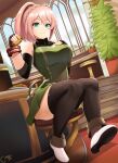  1girl absurdres bangs black_legwear blush braid breasts castell crown_braid cuffs daiba_canon dress fingerless_gloves gloves god_eater green_dress green_eyes highres large_breasts long_hair looking_at_viewer pink_hair ponytail sitting sleeveless sleeveless_dress solo swept_bangs thigh-highs 