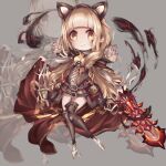  bangs blunt_bangs blush boots cape cat_ear_hairband chibi full_body fur-trimmed_hood fur_trim grin hair_ribbon highres holding holding_sword holding_weapon hood hood_down leotard little_red_riding_hood_(sinoalice) long_hair long_sleeves looking_at_viewer orange_eyes parted_lips ribbon simple_background sinoalice smile smoke sword thigh-highs thigh_boots wavy_hair weapon xxviii_xi zoom_layer 