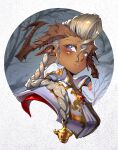  1girl artist_name bare_tree blonde_hair blush braid breasts dark-skinned_female dark_skin dungeons_and_dragons empikuro english_commentary hair_between_eyes highres horns long_hair medium_breasts pointy_ears portrait solo tiefling tree violet_eyes 