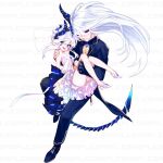  1boy 1girl black_sclera blue_eyes colored_sclera dress ejami gloves high_heels horns long_hair looking_at_viewer open_mouth original panties sample simple_background single_glove smile underwear white_background white_hair 