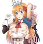  ahoge artist_request black_shirt blue_eyes braid breast_grab breast_squeeze breasts hikari_(pokemon) grabbing grabbing_from_behind hair_ornament hair_ribbon highres large_breasts long_hair orange_hair pecorine_(princess_connect!) pokemon princess_connect! puffy_short_sleeves puffy_sleeves ribbon shirt short_sleeves side_braid sleeveless sleeveless_shirt tiara 