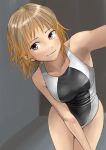  1girl absurdres blonde_hair breasts brown_eyes brown_hair competition_swimsuit highres kirie_kairi looking_at_viewer one-piece_swimsuit original short_hair simple_background solo swimsuit 