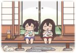  2girls akagi_(kancolle) blue_shorts brown_hair cat closed_eyes commentary_request facing_viewer highres jug kaga_(kancolle) kantai_collection long_hair megahiyo multiple_girls red_shorts shaved_ice shorts sitting sliding_doors tank_top veranda younger 