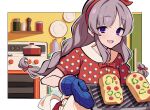 1girl apron baking_sheet bangs blouse border bottle bow braid commentary_request croquette eyebrows_visible_through_hair food_request grey_hair hair_bow hairband highres idolmaster idolmaster_shiny_colors indoors kitchen long_hair looking_at_viewer open_mouth outside_border oven oven_mitts pepper_shaker plate pot red_blouse red_bow red_hairband salt_shaker smile solo twin_braids uhouhogorigori violet_eyes white_border yuukoku_kiriko