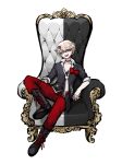  1boy :d absurdres bangs bear_hair_ornament black_choker black_footwear black_shirt blonde_hair blue_eyes boots bow chair choker collarbone cross-laced_footwear dangan_ronpa:_trigger_happy_havoc dangan_ronpa_(series) enoshima_junko full_body genderswap genderswap_(ftm) hair_ornament hairclip highres knee_up lace-up_boots leaning_back looking_at_viewer male_focus necktie no_(xpxz7347) open_mouth pants red_bow red_pants school_uniform shirt short_hair simple_background sitting smile solo white_background 
