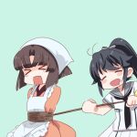  &gt;_&lt; 2girls ahoge apron ayanokouji_martial_arts_school_uniform black_hair blush_stickers bound brown_hair closed_eyes commentary_request crying drooling hair_ornament hair_ribbon long_hair lowres multiple_girls musumi_kiyoka open_mouth ponytail pulling ribbon school_uniform short_hair simple_background takano_natsuki tied_up toji_no_miko yamashiro_yui 