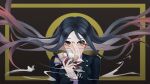  1girl absurdres bangs black_background black_eyes black_jacket breasts brown_hair commentary covering_mouth dangan_ronpa_(series) dangan_ronpa_v3:_killing_harmony floating_hair glasses highres holding jacket large_breasts long_hair long_sleeves looking_at_viewer multicolored_hair pastahands red_nails school_uniform shirogane_tsumugi shirt solo translation_request two-tone_hair upper_body white_shirt 