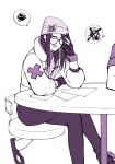  1girl beanie closed_eyes crossed_legs ear_piercing glasses hair_behind_ear hat highres killjoy_(valorant) monochrome out_of_frame paper piercing round_eyewear senpi sitting solo_focus speech_bubble spoken_squiggle squiggle table valorant 