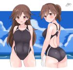  2girls absurdres alternate_hairstyle arashio_(kancolle) ass back beach black_swimsuit blue_sky blush breasts brown_eyes brown_hair clouds cloudy_sky collarbone competition_swimsuit covered_navel cowboy_shot day eyebrows_visible_through_hair hair_between_eyes highres horizon kantai_collection long_hair looking_at_viewer looking_back medium_breasts multiple_girls multiple_persona noruren one-piece_swimsuit open_mouth outdoors ponytail signature sky smile swimsuit towel water 