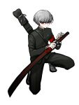  1boy absurdres armband bangs black_jacket black_pants dangan_ronpa_(series) dangan_ronpa_2:_goodbye_despair eyebrows_visible_through_hair frown gakuran genderswap genderswap_(ftm) grey_hair highres holding holding_weapon jacket katana male_focus no_(xpxz7347) one_knee pants pekoyama_peko red_armband red_eyes school_uniform serious sheath short_hair silver_hair simple_background solo sword unsheathing weapon white_background 