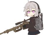  1girl :o aircraft antenna_hair backpack bag bangs bolt_action brown_jacket cheytac_m200 earmuffs girls_frontline gotoo grey_bag grey_hair gun hair_between_eyes highres holding holding_gun holding_weapon jacket long_sleeves looking_at_viewer looking_to_the_side m200_(girls_frontline) open_mouth ponytail rifle simple_background sniper_rifle solo violet_eyes weapon white_background 
