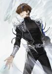  1boy absurdres alternate_costume arm_strap bangle black_pants black_shirt blue-eyes_white_dragon blue_eyes bracelet brown_hair card clothes_lift coat dragon duel_disk from_below grin headset high_collar highres holding holding_card jewelry kaiba_seto long_sleeves looking_to_the_side male_focus metal_belt outstretched_arms pants playing_card saber_beam shirt short_hair smile solo spread_arms translucent turtleneck white_background white_coat yu-gi-oh! 